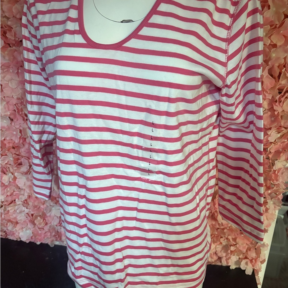 Sutton Studios Large Cotton Pink And White Striped Large 3/4 Sleeve Shirt NWT